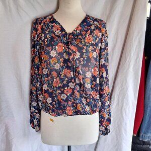 mossimo Navy floral sheer blouse with tie/wrap front and sheer long sleeves sz s